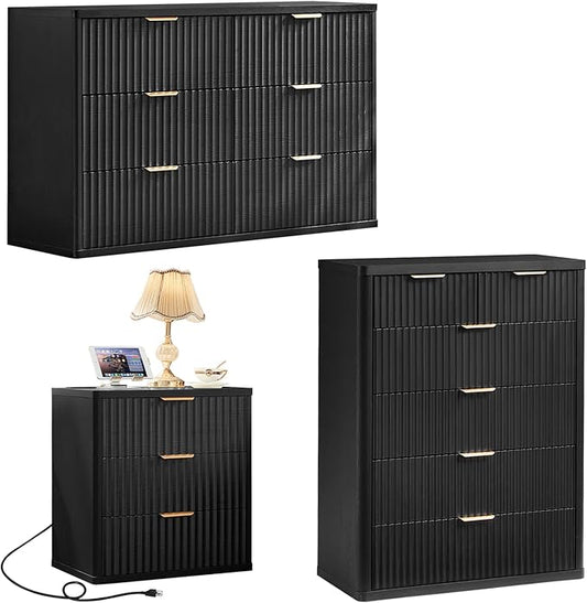 LEYAOYAO Fluted Dressers & Nightstand Set of 3, Wood 48" Wide Dresser & 42" Tall Chest of Drawers,Modern Bedroom Furniture Sets, Black Wooden Nightstand with 3 Drawers & Charging Station