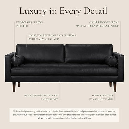 POLY & BARK Napa 88.5" Leather Sofa – Full-Grain Italian-Tanned Aniline Leather, Feather-Down Comfort, Solid Wood Frame, Walnut Legs, Onyx Black