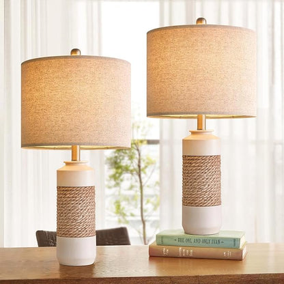 OYEARS 23.75" Bedside Table Lamps Set of 2 for Sleeping and Reading, Vintage Farmhouse Rattan Table Lamp Antique White Resin Lamp for Decoration, Office Living Room Bedside Table