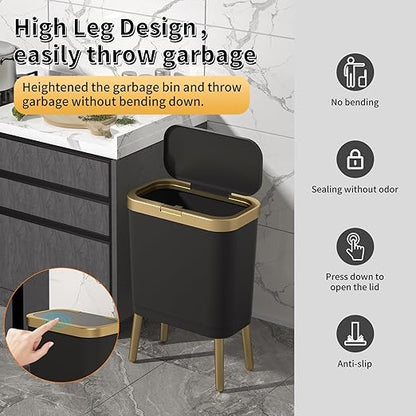 Procade 2Pack Office Trash Can with Lid, 4 Gallon Gold Trash Can Bathroom,Black Garbage Can with Push Button, Narrow Garbage Bin Waste Basket for Bedroom, Kitchen,Toilet(Black x2)