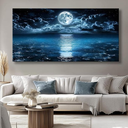 Huaaliunn Big Moon Canvas Wall Art - Modern Seascape Paintings for Living Room, Bedroom Wall Decor, Large Wall Art for Home or Office Decoration 75x150cm(30x60in)