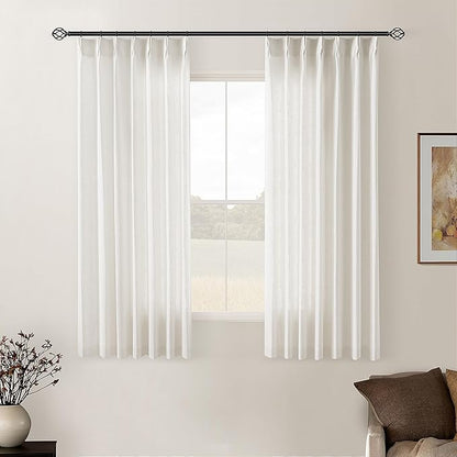 Cream Ivory Pinch Pleat Linen Short Curtains 54 Inch Long for Kitchen Pleated Hooks Rings Back Tab Light Filtering Boho Farmhouse Semi Sheer 54 Inch Curtain for Dining Room Bedroom Small Window
