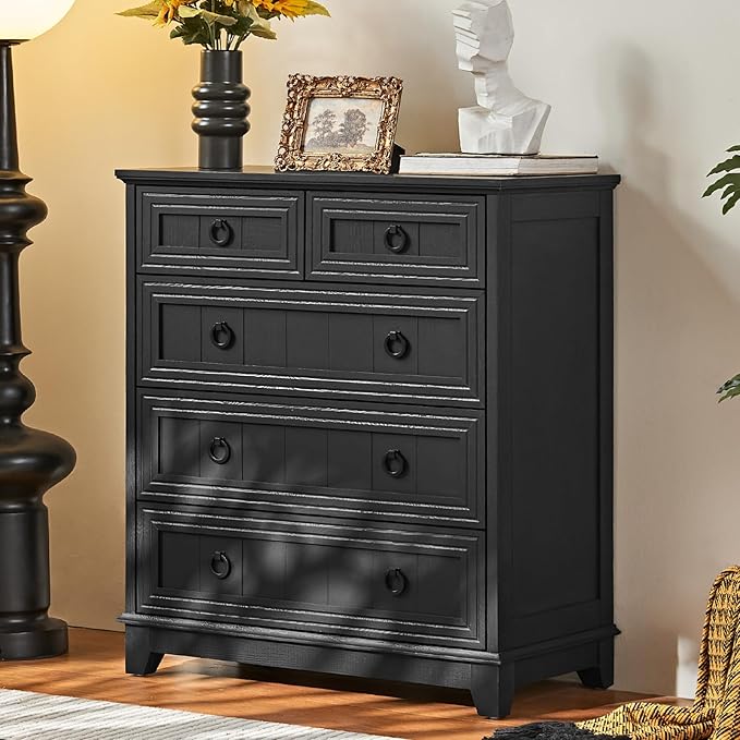 Farmhouse 5 Drawer Dresser for Bedroom Set of 2, 33.2" Tall Small Dressers & Chest of Drawers, Rustic Wood Dresser with Metal Handle, Storage Organizer Closet for Living Room, Hallway,Entryway