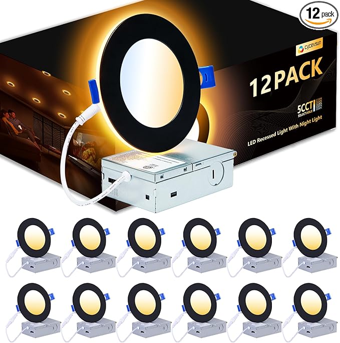 CycevSun 4 Inch Black Recessed Lights with Night Light, Dimmable & 2700K/3000K/3500K/4000K/5000K Selectable, 9W, ETL, IC Rated, 12 Pack