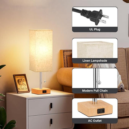 Fenmzee Table Lamp for Bedroom Set of 2 Nightstand - 3 Color Bedside Lamps with AC Outlets for Charging, Square Wooden Night Stand Light Lamp for Living Room, Office Desk