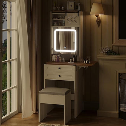 ARTETHYS Farmhouse Small Vanity Desk Set with Mirror Cabinet Mini Makeup Vanities Set with 3 Adjustable Lights and Storage Chair for Compact Space, White Dressing Table with Fold-up Panel