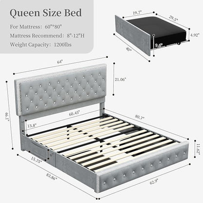 Queen Led Bed Frame with 2 Drawers, Storage Platform Queen Size Upholstered Bed Frames with Crystal Button Tufted Headboard, Solid Slats Support, Noise Free, No Box Spring Needed, Velvet Grey