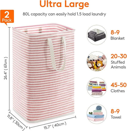 Lifewit 2 Pack Laundry Hamper Large Collapsible Laundry Basket, Freestanding Waterproof Cloth Hamper with Easy Carry Handles in Laundry Room Bedroom Bathroom Dorm for Adult, Gray&Pink, 2 x 80L