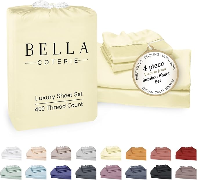 Bella Coterie Luxury Bamboo Viscose King Size Sheet Set | 100% Organically Grown | Ultra Soft | Cooling for Hot Sleepers | 18" Deep Pocket [Lemonade]