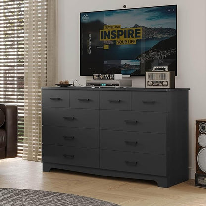 Hasuit 10 Drawer Dresser for Bedroom, Large Chest of Drawers with Charging Station, 55.1'' Wide Storage Clothes Closet Organizer, Long Dresser TV Stand for Living Room, Black
