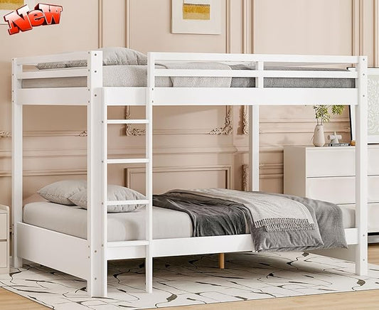 Upgraded Version Thicken Solid Wood Queen Over Queen Bunk Bed, Best Wooden Bunk Bed for Adults, Easy to Assemble (White)