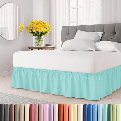 Wrap Around Dust Ruffle Bed Skirt - Spa Blue - Twin/Twin XL Size Beds with 12 Inch Drop - Easy Fit Elastic Strap - Adjustable Pleated Bedskirt w/Brushed Fabric Wrinkle Free - Women, Men, Kids & Teens