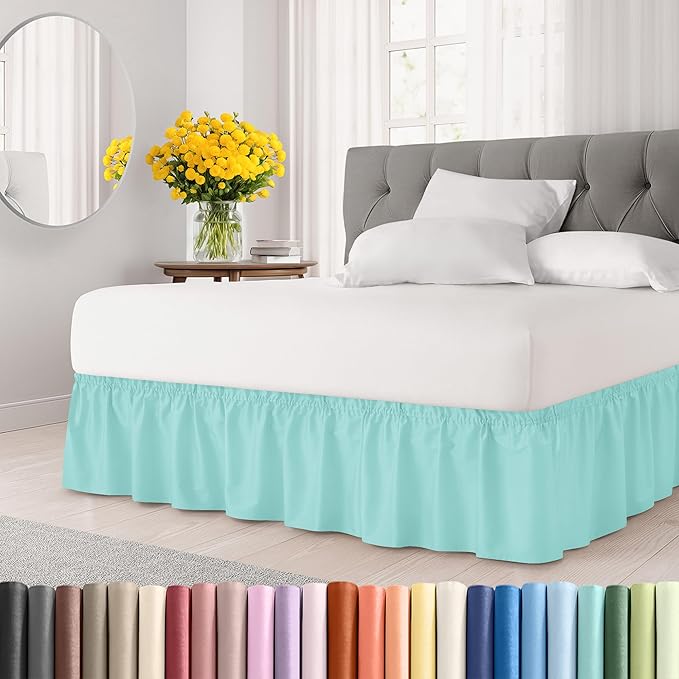 Wrap Around Dust Ruffle Bed Skirt - Spa Blue - for King Size Beds with 12 Inch Drop - Easy Fit Elastic Strap - Adjustable Pleated Bedskirt w/Brushed Fabric Wrinkle Free - for Women, Men, Kids & Teens