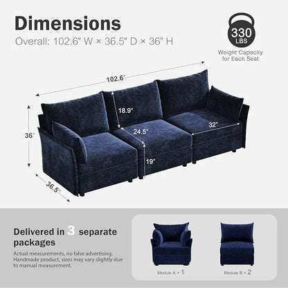 ABCASA 102.6" Modular Sectional Sofa, Oversized 3-Seater Blue Couch with Removable Chenille Fabric Cover, Deep Seat & High Backrest for Living Room, Office & Apartment