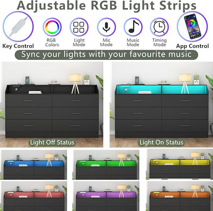 6 Drawer Dresser with Power Outlet, Chest of Drawers with LED Light, Modern Dresser with Open Storage Cubby, Double Wide Dressers Organizer for Bedroom, Living Room, Entryway, Hallway