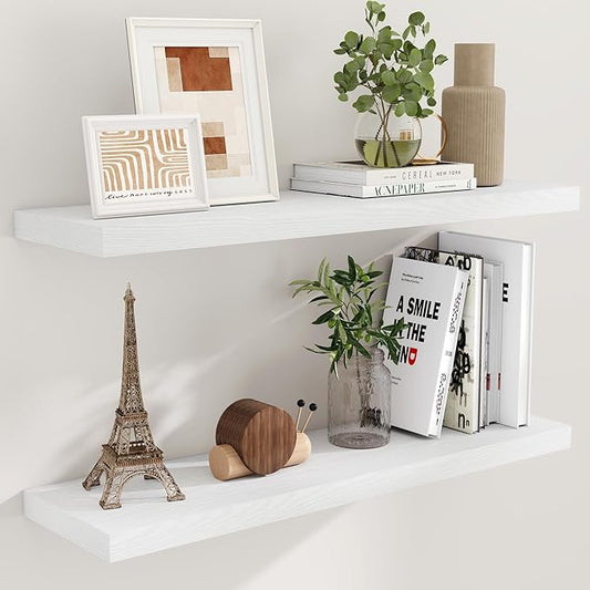 40 Inch Floating Shelves for Wall, 9.3 Inch Deep Shelves for Books & Decor, Wall-Mounted Floating Shelf 40 Inch Long Set of 2, Rustic Wooden Shelf for Living Room, Bedroom, Kitchen, White