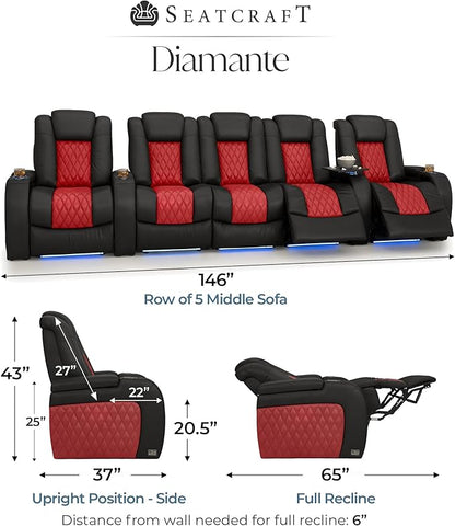 Seatcraft Diamante Zero-Gravity CoolZero Italian Leather Home Theater Seating, Power Headrest, Power Recline, Row of 5 Middle Sofa, Black/Red