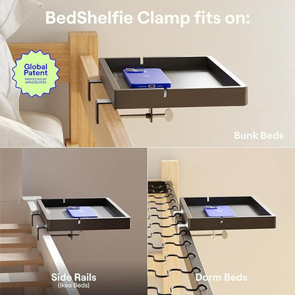 BedShelfie Wood Bedside Shelf for Bunk Bed & Top Bunk, College Dorm Room Essentials, Loft Nightstand, Floating Bed Side Table Tray Storage, Dorm Room Decor by Smallish - (Flexfit Bamboo Model, Black)