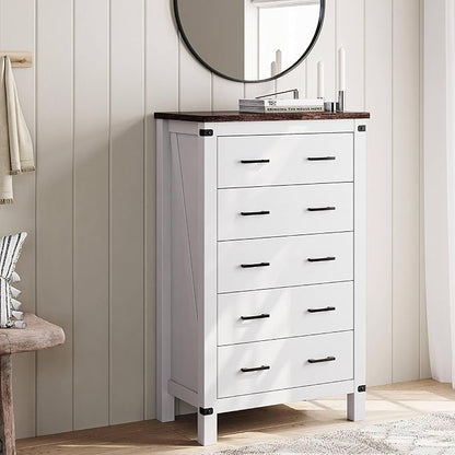 LINSY HOME Farmhouse 5 Drawer Dresser for Bedroom, 46” Tall Rustic Wood Chest with Deep Drawers, Modern Dressers with Spacious Storage and Metal Handles for Closet, Living Room, Hallway, Off White