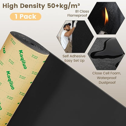 Self-Adhesive Sound Insulation Acoustic Foam, 107sqft x 0.2in Thick，50+kg/m³，Sound Proof Padding,Fire,Water Resistant ,Thermal Insulation,Cold Proof Acoustic Treatment Foam