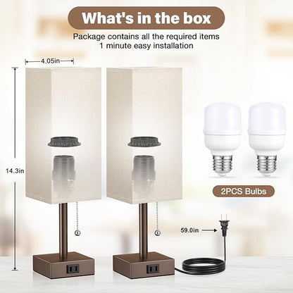 Bedside Lamps for Bedroom Set of 2 - Small Rectangular Nightstand Lamp with USB A C Charging Port, 3 Color Temperatures Desk Light with Bulb, Brown Tabletop Reading Lamp for Living Room/Dorm/Office