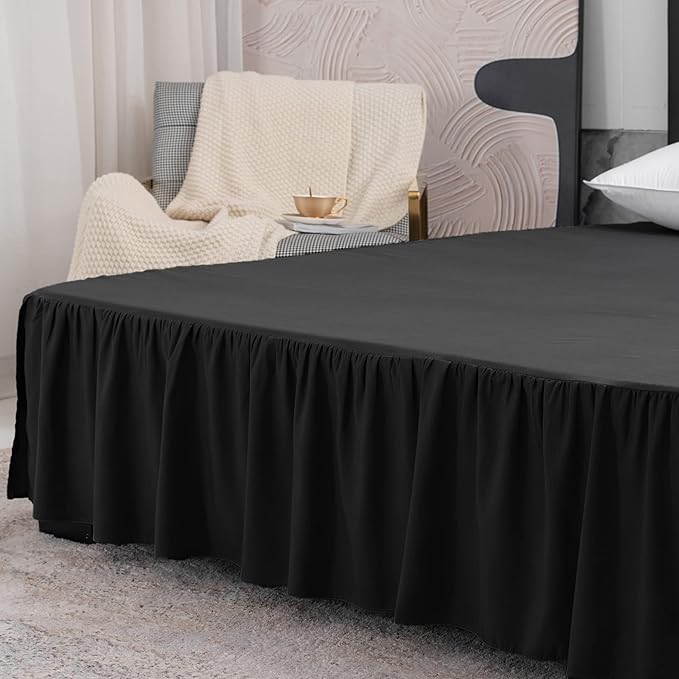 Black Bed Skirt Queen Size Ruffled Bed Skirt with Split Corners, Queen Bed Skirt 16 Inch Drop, TSUTOMI Queen Size Bed Skirt Black for Ruffled Bed Skirt with Split Corners, Bed Skirt Queen Size