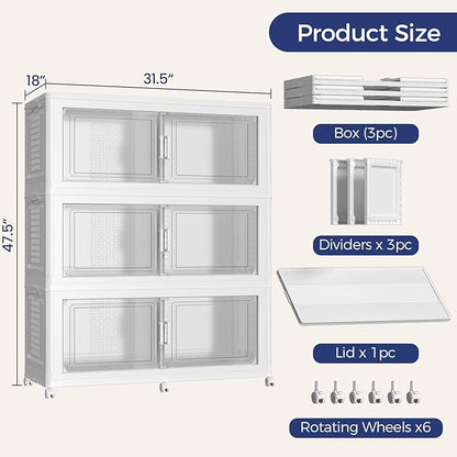 150GAL Storage Bins with Lid and Wheels, Stackable Closet Organizers and Storage Drawer, Collapsible Storage Box with Dividers, Foldable Plastic Cabinets for Room, Kitchen, 3 Pack White