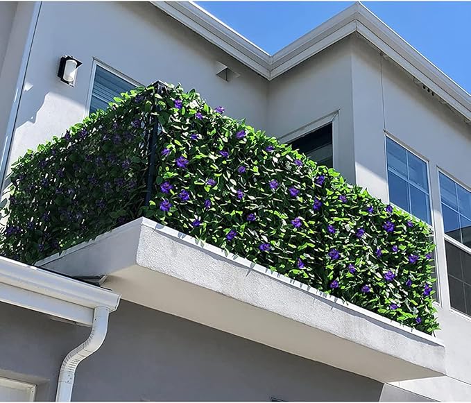 GLANT Expandable Fence Privacy Screen for Balcony Patio Outdoor,Decorative Faux Ivy Fencing Panel,Artificial Hedges (Single Sided Leaves) (2, Purple Flowers)