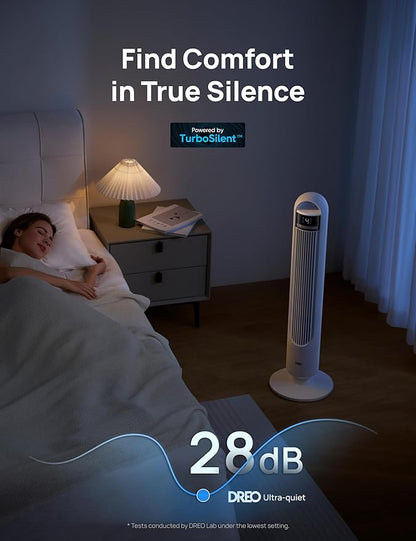 DREO Tower Fan for Bedroom, 4 Speeds, 3 Modes Standing Fans for Room with 90° wide Oscillating, 28dB Quiet for Sleep, 25ft/s Velocity, 29ft Coverage, 8H Timer, Remote, Living Room, Office, Home, White