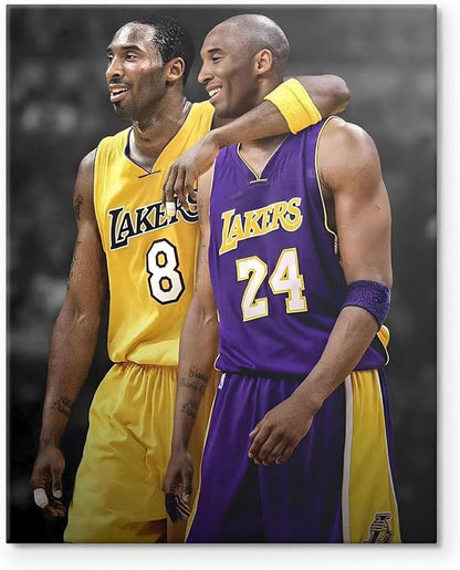 Kobe Bryant Canvas Wall Art Print Poster, Iconic Basketball Player Dual-Era Tribute Artwork, No. 8 and No. 24 Jersey Mamba Mentality Wall Decor for Home Gym Dorm Office Living Room, Framed 20x24inch