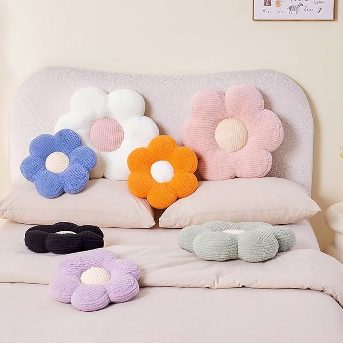 Kcvvcr Flower Pillow, Cute Daisy Decorative Pillow for Bed, Soft Home Decor Floor Seating Cushion (Black, 14.9 Inches)