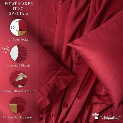 URBANHUT 800 Thread Count 100% Cotton King Size Sheets, Luxury 4 Piece King Bedsheets, Hotel Sheets Sateen Finish - Better Than Egyptian, 16" Elasticized Deep Pocket - Burgundy