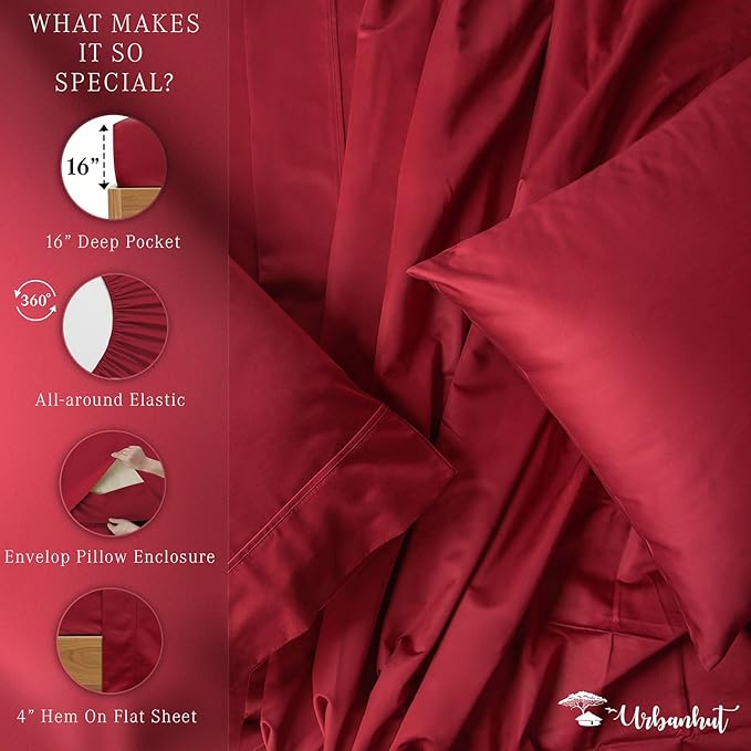 URBANHUT 800 Thread Count 100% Cotton Full Size Sheets, Luxury 4 Piece Full Bedsheets, Hotel Sheets Sateen Finish - Better Than Egyptian, 16" Elasticized Deep Pocket - Burgundy