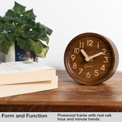 Driini Wooden Analog Desktop Clock – 4.3 in. Decorative Pinewood, No-Tick Design – Easy to Read Silent Sweep Mantle Clock – Quiet Tabletop Clocks with Wood Body, Hands, & Battery Cover; Dark