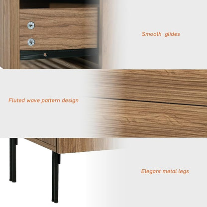 WAMPAT 63" W Fluted Dresser for Bedroom, 2 in 1 Modern 6 Drawer Dresser TV Stand with Hidden Handles, Wooden Chest of Drawers Closet Clothes Storage Organizer for Bedroom, Living Room, Light Walnut