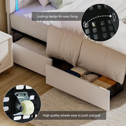 BarnFurin Full Size Bed Frame with LED Lights, Upholstered Bed Frame with Storage Drawers, Modern Platform Bed with Diamond Headboard and Footboard, No Box Spring Needed, White