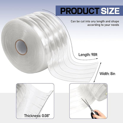 Moukeren Plastic Door Curtain for Winter 100 ft x 8 Inch Thermal Insulated Garage Door Strip Curtains Smooth Waterproof Clear PVC Strip Curtain for Warehouse Freezer, 0.08" Thickness(Striped)
