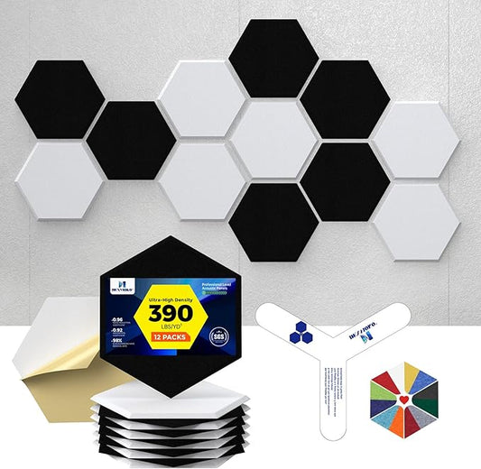 Self-Adhesive Acoustic Panels [390 lbs/yd³ Ultra-High Density], 2nd Generation Sound Absorbing Panel, Professional Level Sound Panel, Polyester Soundproof Foam [Size L, White & Black]