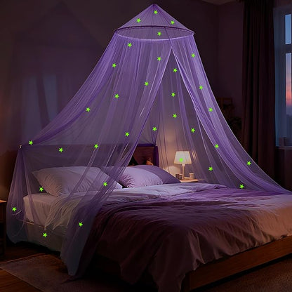 Purple Princess Bed Canopy for Girls with Glowing Stars, Canopy Bed Curtains for Twin, Full, and Queen Sizes; Ceiling Tent for Reading Nooks, Mosquito Net for Indoor Room Decor and Outdoor Use
