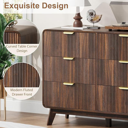 QUW Fluted 59.1" Wide Modern Dresser for Bedroom with 9 Drawers, Tall Chest of Drawers with Metal Handle, Wooden Dresser TV Stand, Hallway, Living Room, Dark Walnut