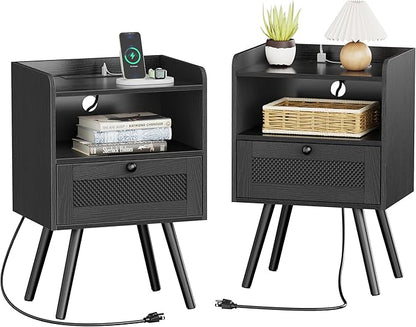 SUPERJARE Nightstands with Charging Station, Bedside Table Set of 2 with Texilene Surface Drawers, Rattan Side Table with Storage & Solid Wood Feet, End Table for Bedroom, All Black
