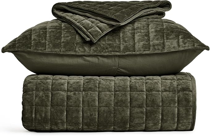 RECYCO Luxury Velvet Quilt Set Twin/Twin XL Size, Lightweight Velvet Comforter Set, Oversized Bedspread Coverlet Quilted Bedding Set, with 1 Matching Pillow Sham, for All Season, Olive Green
