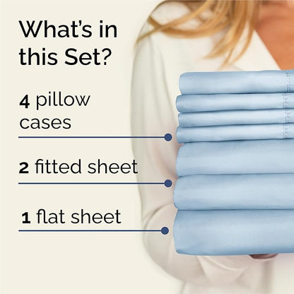 Split King 7 Piece Sheet Set - Cooling & Breathable - Hotel Luxury Bedding, Includes Fitted Sheets for Women, Men, Kids & Teens - 1 Flat, 2 Fitted Sheets, 4 Pillowcases with Deep Pockets - Sky Blue