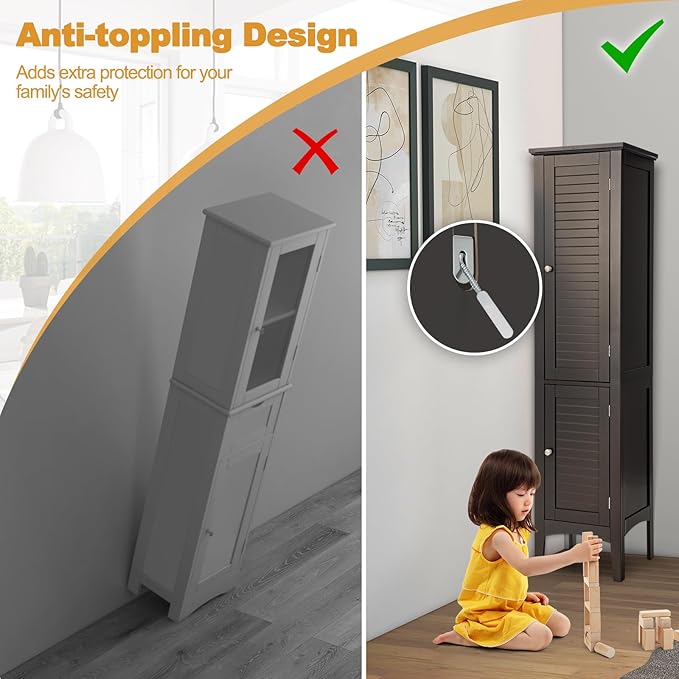 COSTWAY Tall Bathroom Storage Cabinet, 5-Tier Freestanding Linen Tower Cabinet with 2 Doors, Wooden Side Storage Organizer, Narrow Slim Floor Cabinet for Bathroom, Living Room, Kitchen (Brown)