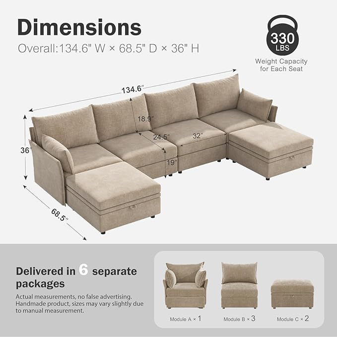 ABCASA 134.6" Oversized Modular Sectional Sofa, 6 Seater U Shaped Couch with Storage Ottoman with Reversible Chaise Deep Seat for Living Room, Apartment - Chenille Beige