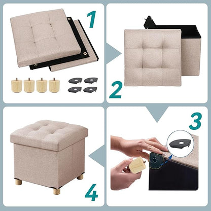 BRIAN & DANY Ottoman with Storage, Small Storage Ottoman for Dorm, Linen Folding Ottoman Foot Stool with Legs for Living Room and Bedroom, 15"x15"x15" - Beige
