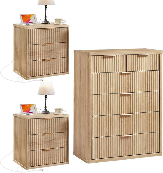 LEYAOYAO 42" Tall Fluted Dresser and 3 Drawers 23" Nightstand Set of 2, Wooden Dresser & Night Stand with Charging Station, 3 Piece Bedroom Furniture Set, Wood Chest of Drawer for Living Room,Natural