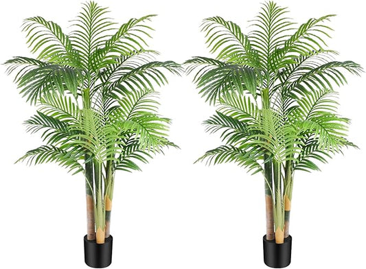 5ft Tall Triple Golden Cane Palm Artificial Tree Large Tropical Palm Tree UV Resistant Fake Plant in Pot for Indoor Outdoor Big House Living Room Outside Patio Office Home Decor 2Pack
