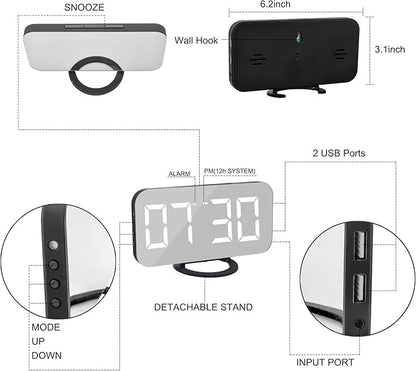 Digital Clock Large Display, LED Alarm Electric Clocks Mirror Surface for Makeup with Diming Mode, 3 Levels Brightness, Dual USB Ports Modern Decoration for Home Bedroom Decor-Black