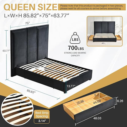 YUHUASHI Queen Size Bed Frame with 64-inch High Headboard, Simple and Airy Linen Upholstered Platform Bed with Storage Drawers, Wood Slat, No Noise (Ink Blue, Queen)